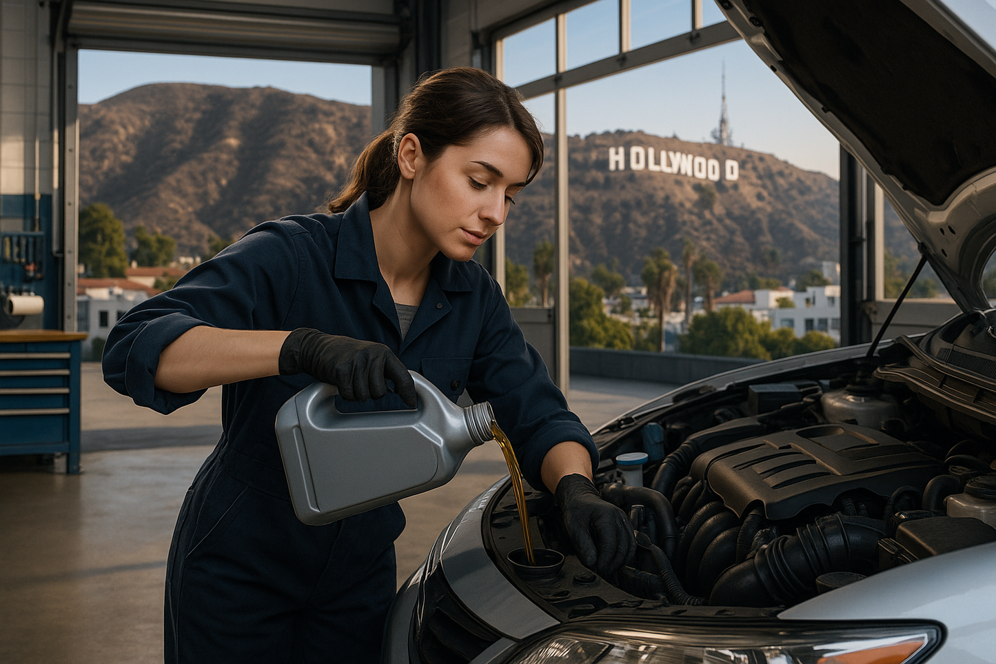 An oil change with a brown hair girl, background in Hollywood